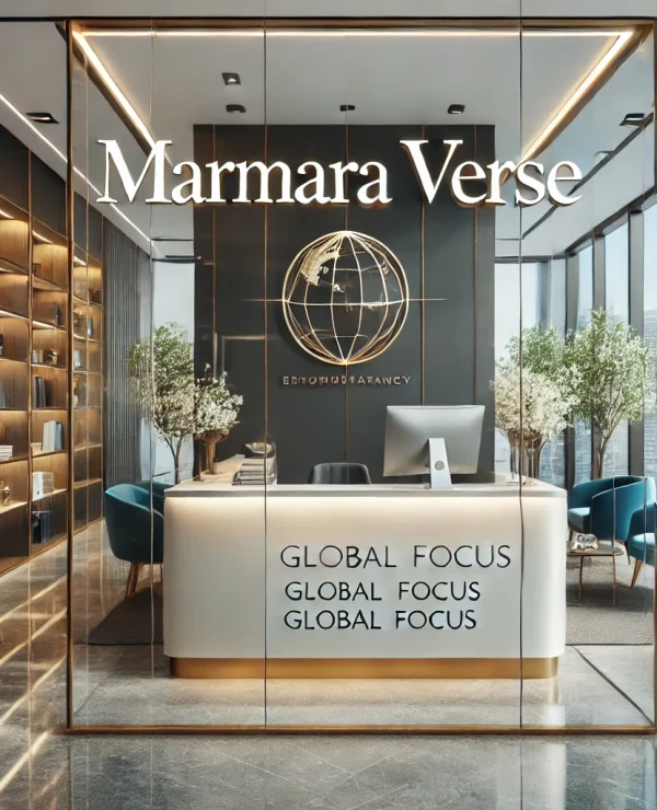 DALL·E 2025-01-11 21.08.08 - A modern office interior showcasing the name 'Marmara Verse' prominently displayed on a sleek glass wall or reception desk. The office features a prof